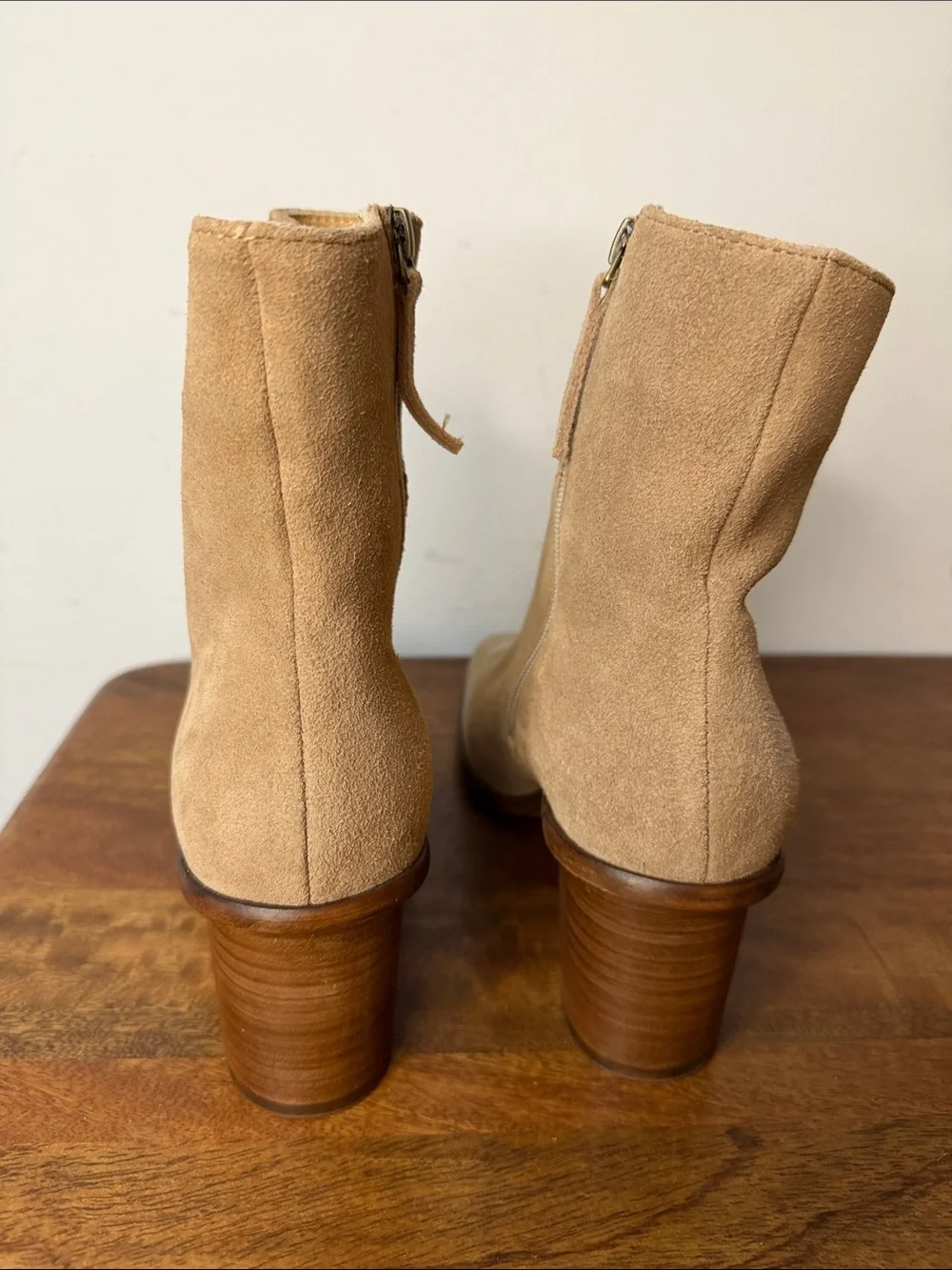 Patina Suede Tan Ankle Booties with Stacked Heel 10.5